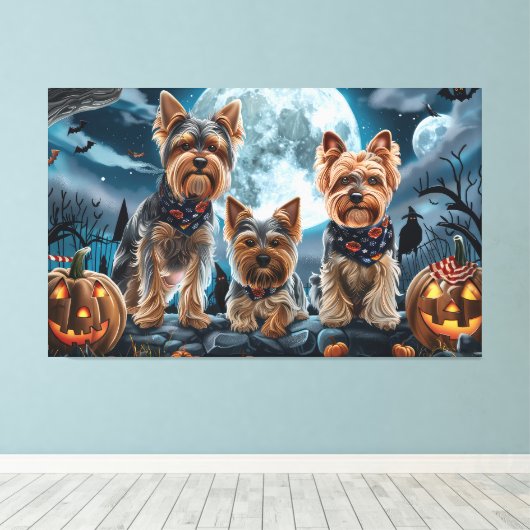 Yorkshire Terrier Halloween Spooky Canvas Afdruk (Insitu (Houten vloer))