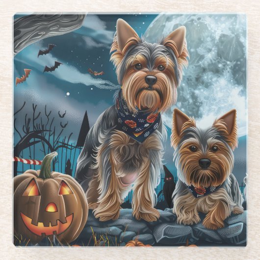 Yorkshire Terrier Halloween Spooky Glazen Onderzetter (Voorkant)