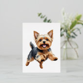 Yorkshire Terrier Happy Speelse Leuk Springen Vrol Folie Feestdagen Briefkaart (Staand Voorkant)