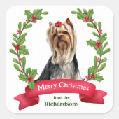 Yorkshire Terrier Holly Wreath Kerstmis Vierkante Sticker (Voorkant)