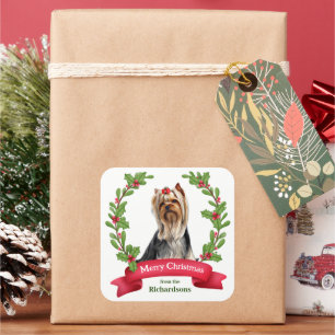 Yorkshire Terrier Holly Wreath Kerstmis Vierkante Sticker