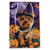 Yorkshire Terriër Hond Halloween Heks en Pompoen Medium Cadeauzakje (Voorkant)