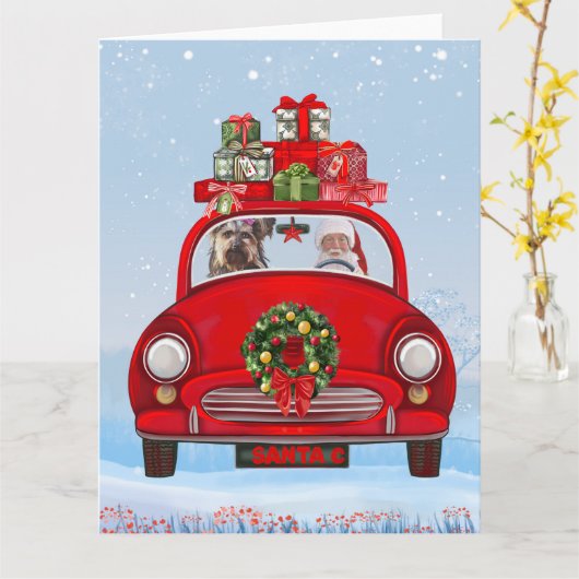 Yorkshire Terrier-hond in auto met kerstman Kaart (Gele Bloem)
