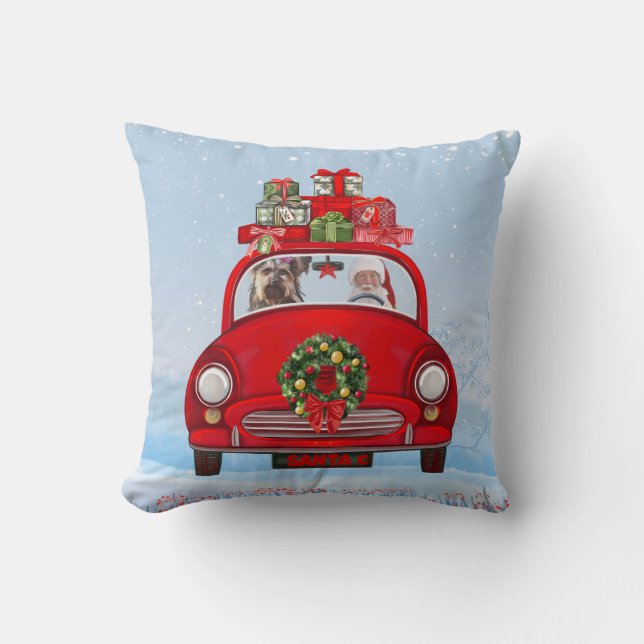 Yorkshire Terrier-hond in auto met kerstman Kussen (Voorkant)