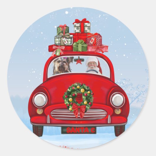 Yorkshire Terrier-hond in auto met kerstman Ronde Sticker (Voorkant)