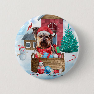 Yorkshire Terrier Hond In Sneeuw Kerst Hondenhok Ronde Button 5,7 Cm