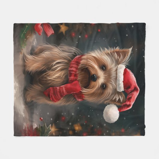 Yorkshire Terrier Hond in Sneeuw Kerstmis Fleece Deken (Voorkant (Horizontaal))