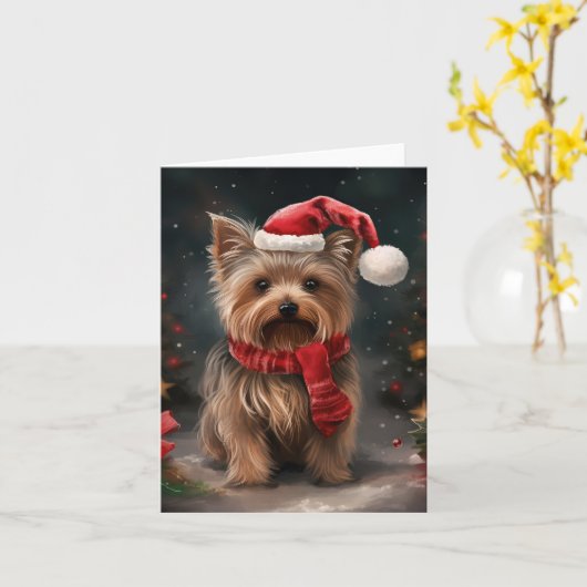 Yorkshire Terrier Hond in Sneeuw Kerstmis Kaart (Gele Bloem)
