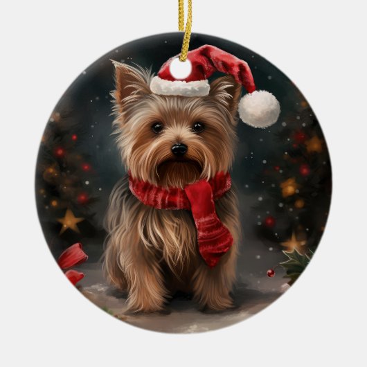 Yorkshire Terrier Hond in Sneeuw Kerstmis Keramisch Ornament (Voorkant)