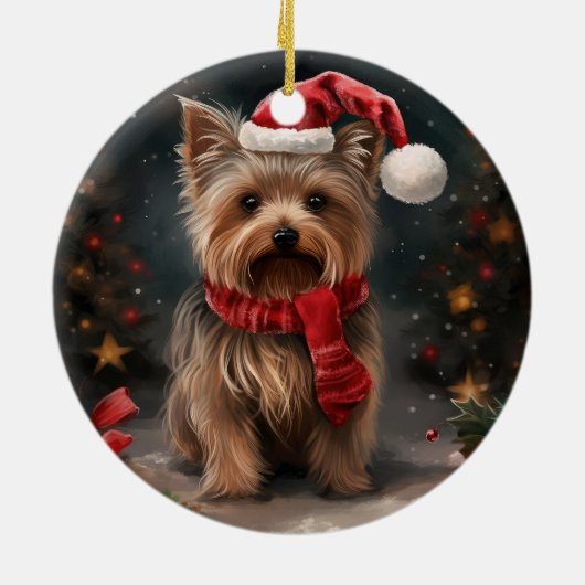 Yorkshire Terrier Hond in Sneeuw Kerstmis Keramisch Ornament (Achterkant)