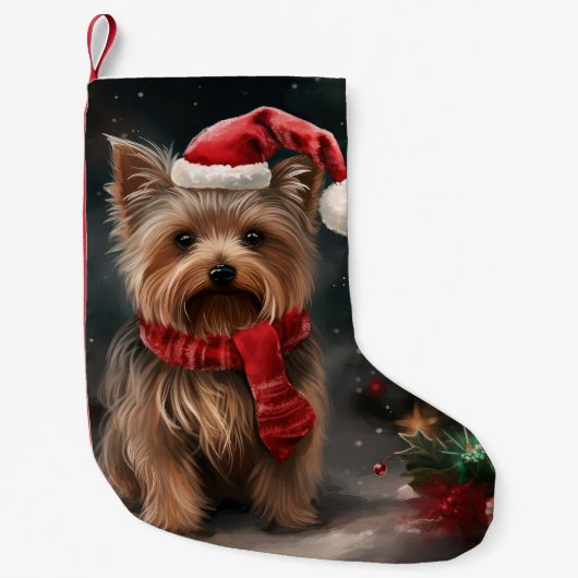 Yorkshire Terrier Hond in Sneeuw Kerstmis Kleine Kerstsok (Voorkant)