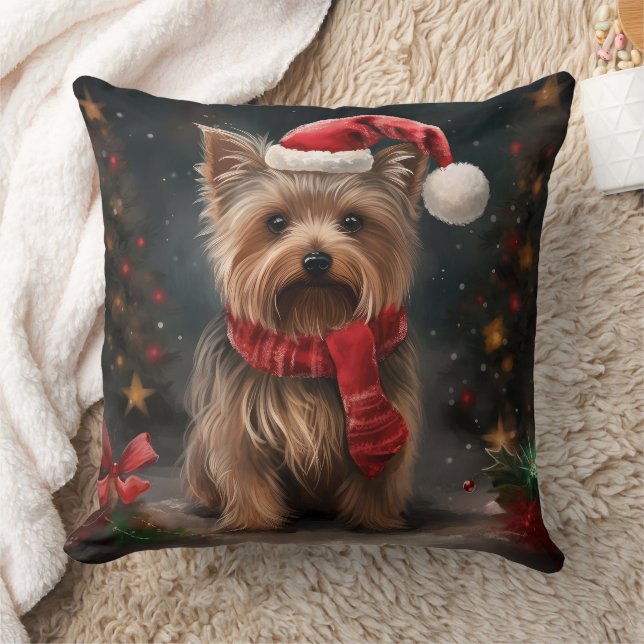 Yorkshire Terrier Hond in Sneeuw Kerstmis Kussen (Deken)