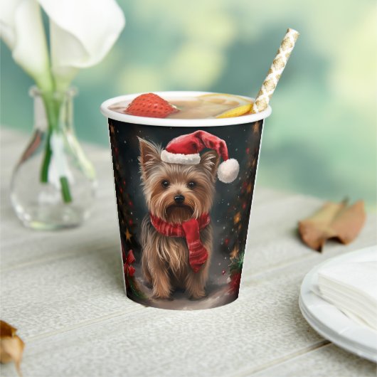 Yorkshire Terrier Hond in Sneeuw Kerstmis Papieren Bekers (Insitu)