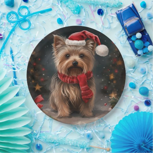 Yorkshire Terrier Hond in Sneeuw Kerstmis Papieren Bordje (Feest)