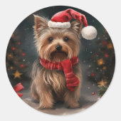 Yorkshire Terrier Hond in Sneeuw Kerstmis Ronde Sticker (Voorkant)