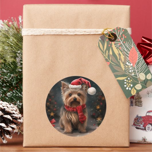 Yorkshire Terrier Hond in Sneeuw Kerstmis Ronde Sticker (Feestdagen)