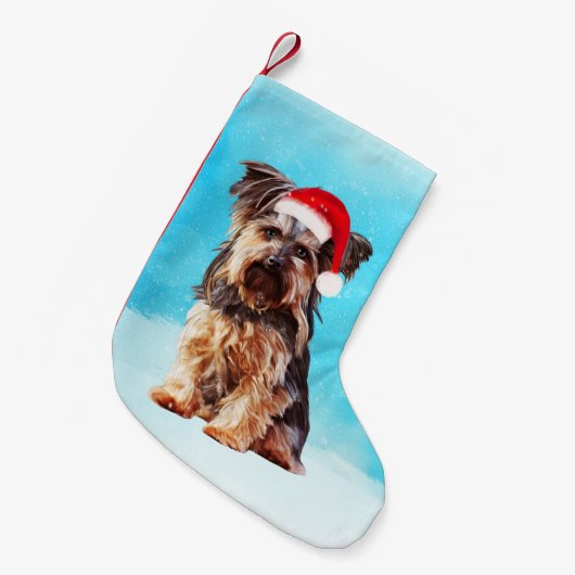Yorkshire Terrier Hond In Sneeuw Kerstmis Santa Ho Kleine Kerstsok (Voorkant (Hangend))