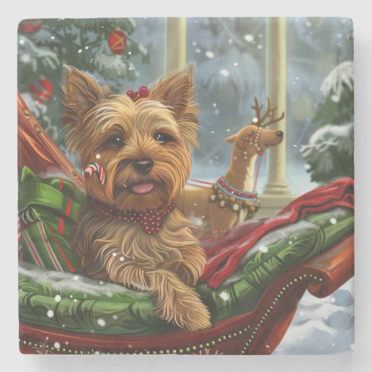Yorkshire Terrier Hond Kerst Feestelijk Stenen Onderzetter (Voorkant)