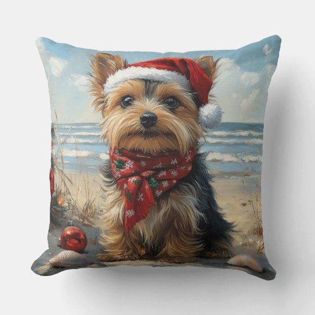 Yorkshire Terrier Hond Kerst Vintage Strand Kussen (Voorkant)