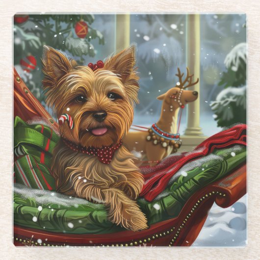 Yorkshire Terrier Hond Kerstfeest Glazen Onderzetter (Voorkant)