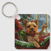 Yorkshire Terrier Hond Kerstfeest Sleutelhanger (Voorkant)