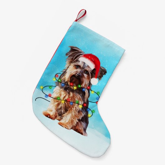 Yorkshire Terrier Hond Kerstmis Santa Hat Lights Kleine Kerstsok (Voorkant (Hangend))