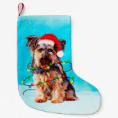 Yorkshire Terrier Hond Kerstmis Santa Hat Lights Kleine Kerstsok (Voorkant)