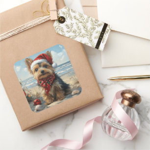 Yorkshire Terrier Hond Kerstmis Vintage Strand Vierkante Sticker