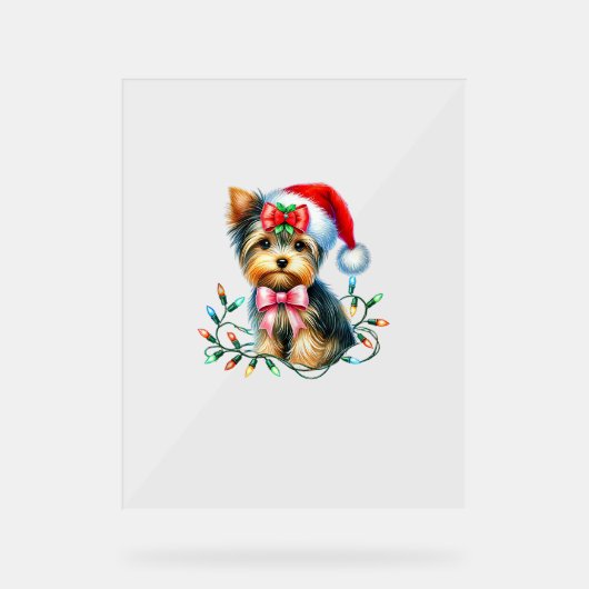 Yorkshire Terrier Hond met Coquette Bow Kerstmis Acryl Bord (Voorkant)