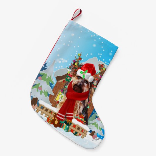 Yorkshire Terrier hond met kerstcadeaus Kleine Kerstsok (Voorkant (Hangend))