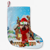 Yorkshire Terrier hond met kerstcadeaus Kleine Kerstsok (Voorkant)