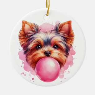 Yorkshire Terrier Hond met Roze Bubblegum Waterver Keramisch Ornament