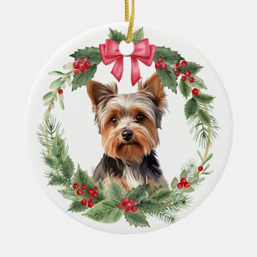 Yorkshire Terriër Hond Red Bow Holly Krans Keramisch Ornament (Voorkant)