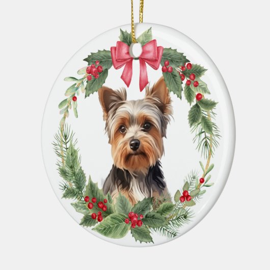 Yorkshire Terriër Hond Red Bow Holly Krans Keramisch Ornament (Links)