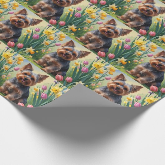 Yorkshire Terrier Hond Spring Bloemen Schilderen Cadeaupapier (Hoek)