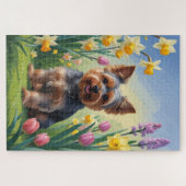 Yorkshire Terrier Hond Spring Bloemen Schilderen Legpuzzel (Horizontaal)