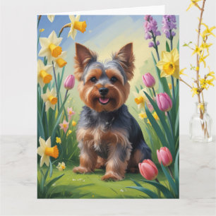 Yorkshire Terrier Hond Voorjaarsbloemen Schilderij Kaart