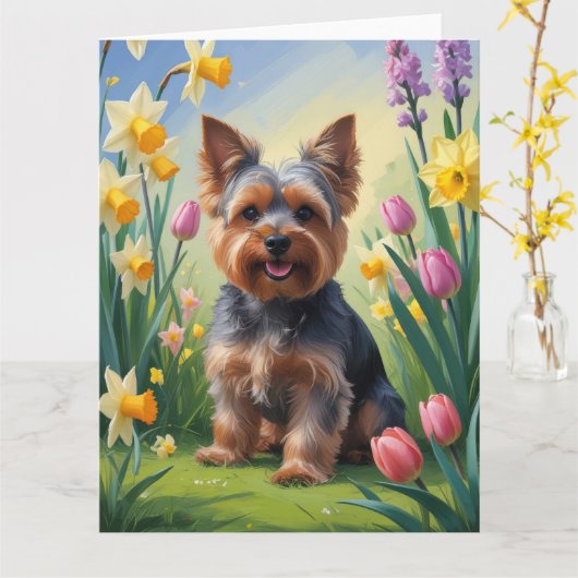 Yorkshire Terrier Hond Voorjaarsbloemen Schilderij Kaart (Gele Bloem)