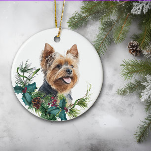 Yorkshire Terrier Hondenportret Holly krans Keramisch Ornament