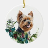 Yorkshire Terrier Hondenportret Holly krans Keramisch Ornament (Voorkant)