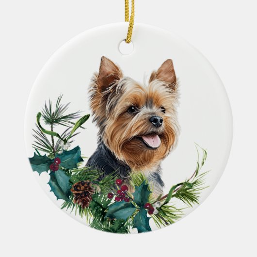 Yorkshire Terrier Hondenportret Holly krans Keramisch Ornament (Voorkant)