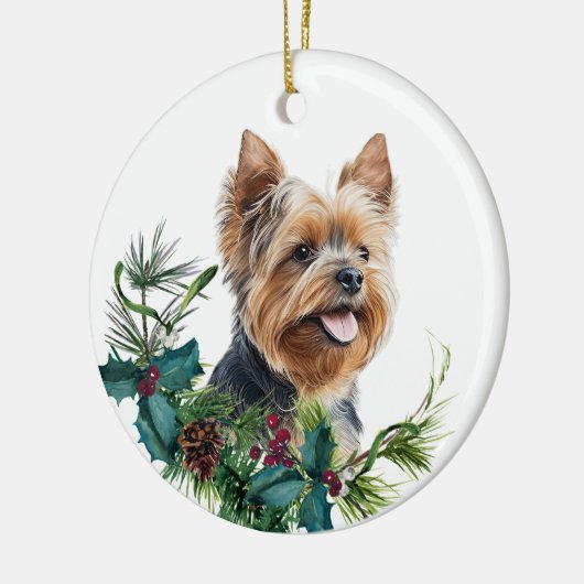 Yorkshire Terrier Hondenportret Holly krans Keramisch Ornament (Links)