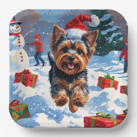Yorkshire Terriër in de sneeuw met kerst Pet Papieren Bordje (Voorkant)