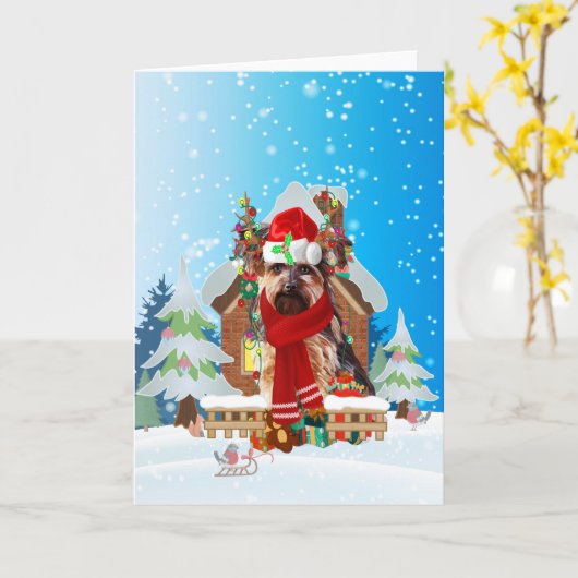 Yorkshire Terrier in de sneeuw met kerstcadeaus Kaart (Gele Bloem)