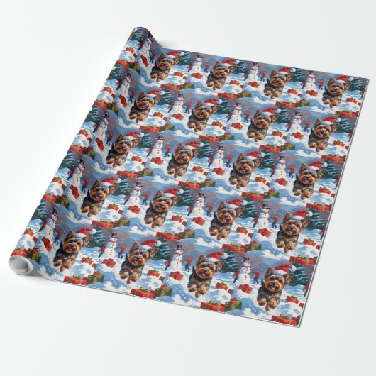 Yorkshire Terrier in de sneeuw met kerstmuts Cadeaupapier (Uitgerold)