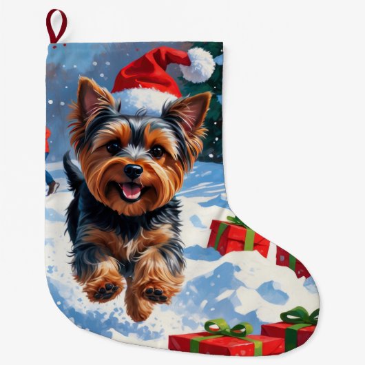 Yorkshire Terrier in de sneeuw met kerstmuts Grote Kerstsok (Voorkant)