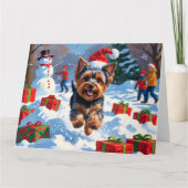Yorkshire Terrier in de Sneeuw met Kerstmuts Kaart (Voorkant)