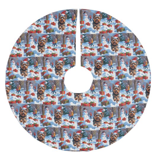 Yorkshire Terrier in de sneeuw met kerstmuts Kerstboom Rok (Voorkant)