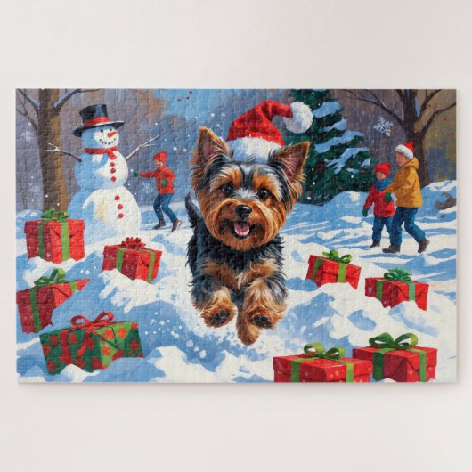 Yorkshire Terrier in de sneeuw met kerstmuts Legpuzzel (Horizontaal)