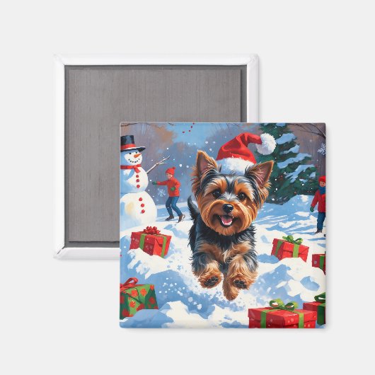 Yorkshire Terrier in de sneeuw met kerstmuts Magneet (Voorkant / Achterkant)